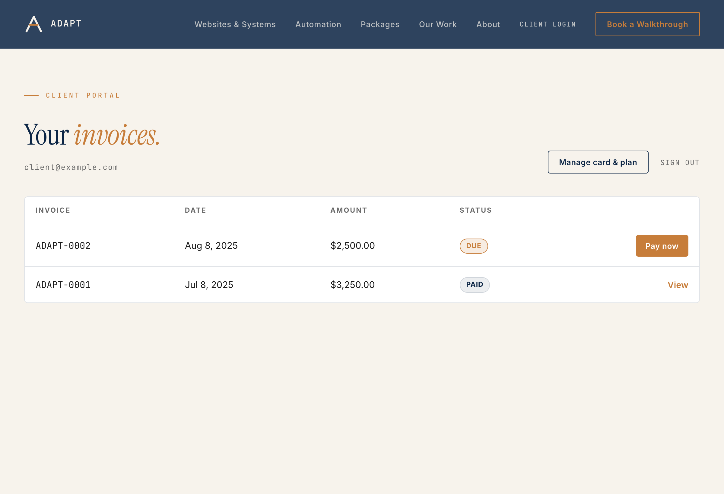 The client portal: an invoice list with online payment buttons